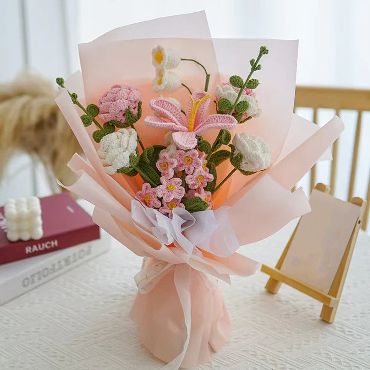 Crochet Tulip Rose Forget-Me-Not Bouquet-Pink
