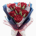 Crochet Cup-Shaped Red Rose Bouquet with Blue Wrapping