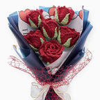 Crochet Cup-Shaped Red Rose Bouquet with Blue Wrapping