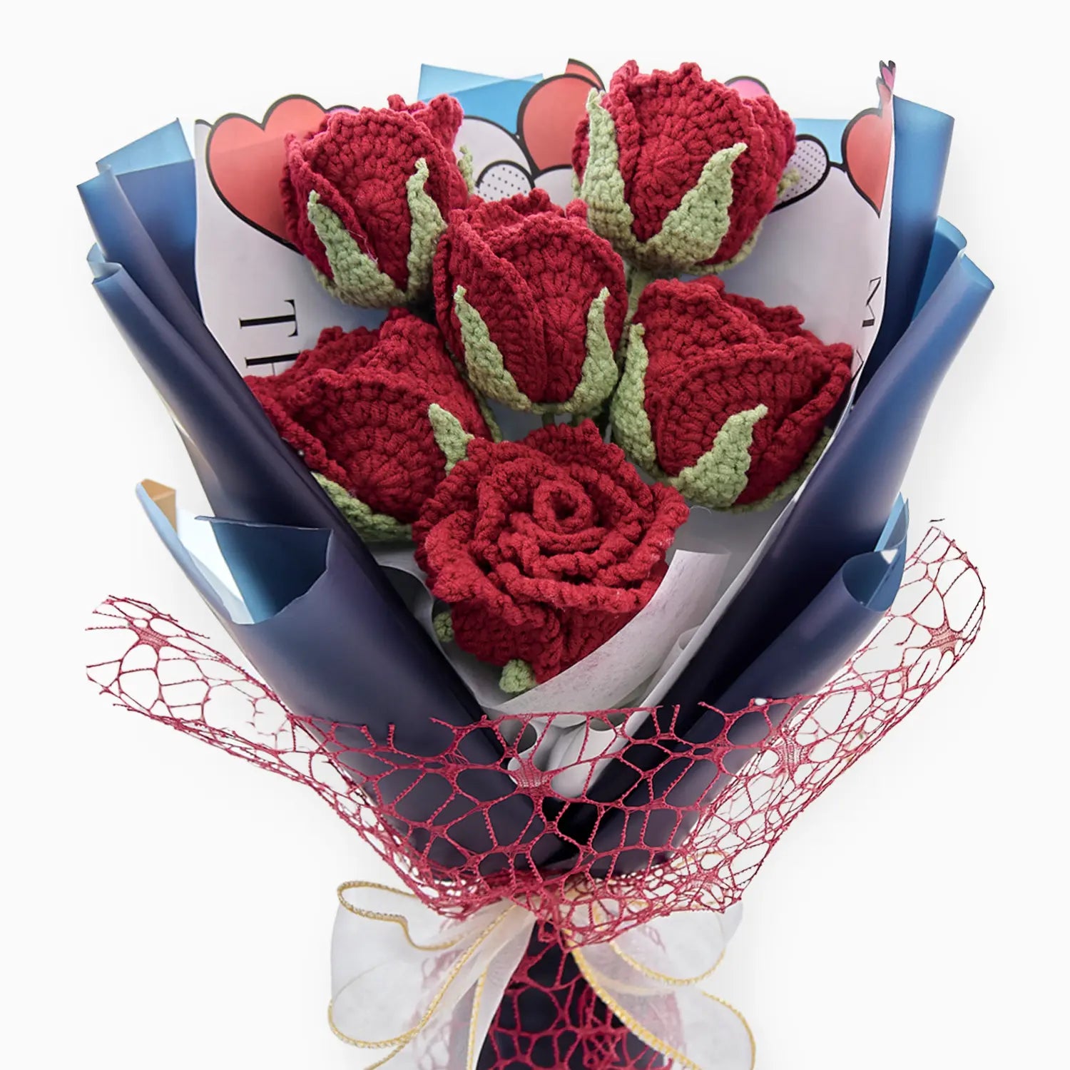 Crochet Cup-Shaped Red Rose Bouquet with Blue Wrapping