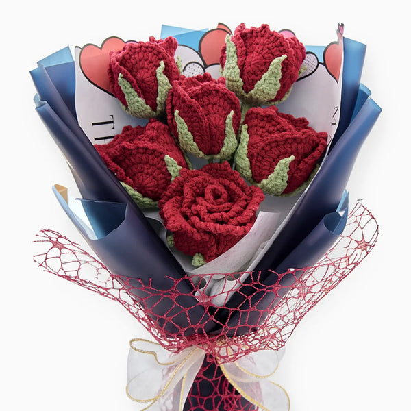 Crochet Cup-Shaped Red Rose Bouquet with Blue Wrapping