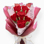 Crochet Cup-Shaped Red Rose Bouquet with Red Wrapping