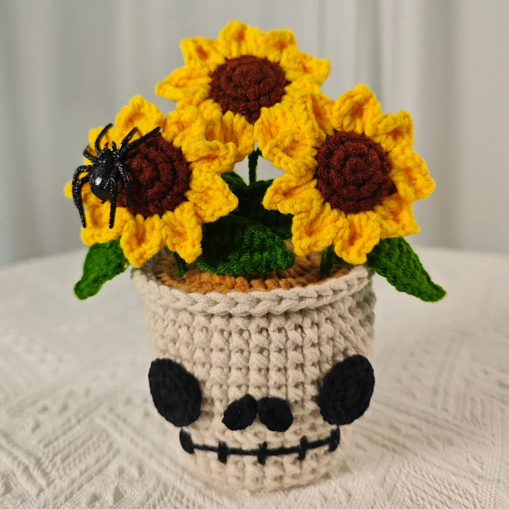 Skull Sunflower Pot with Spider
