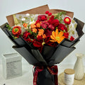 Crochet Red & Orange Bouquet with 18 Flowers in Black Wrapping
