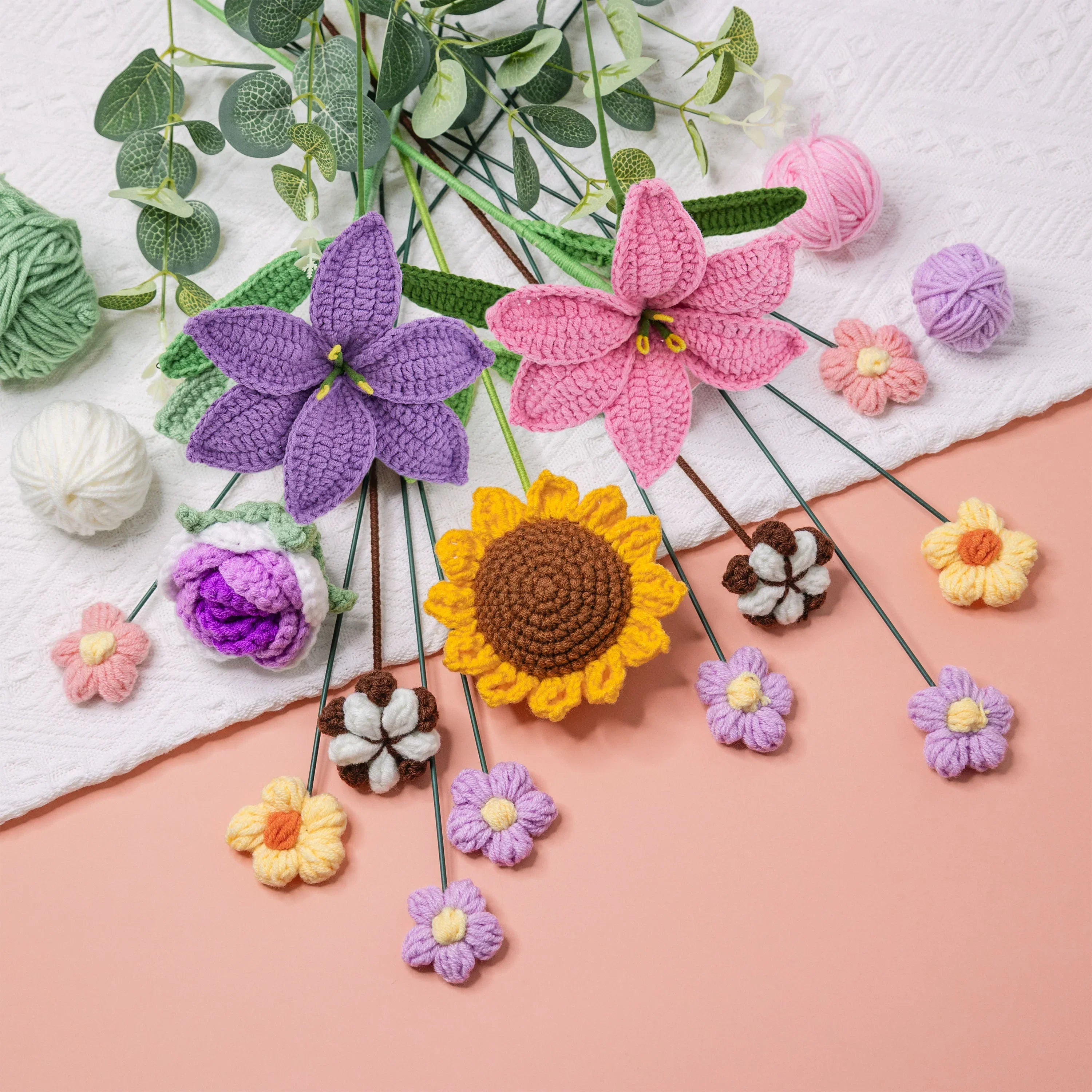 Crochet Lily Sunflower Rose Bouquet-Purple