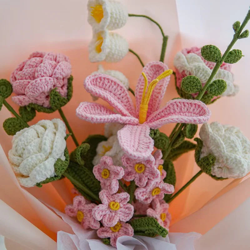 Crochet Tulip Rose Forget-Me-Not Bouquet-Pink