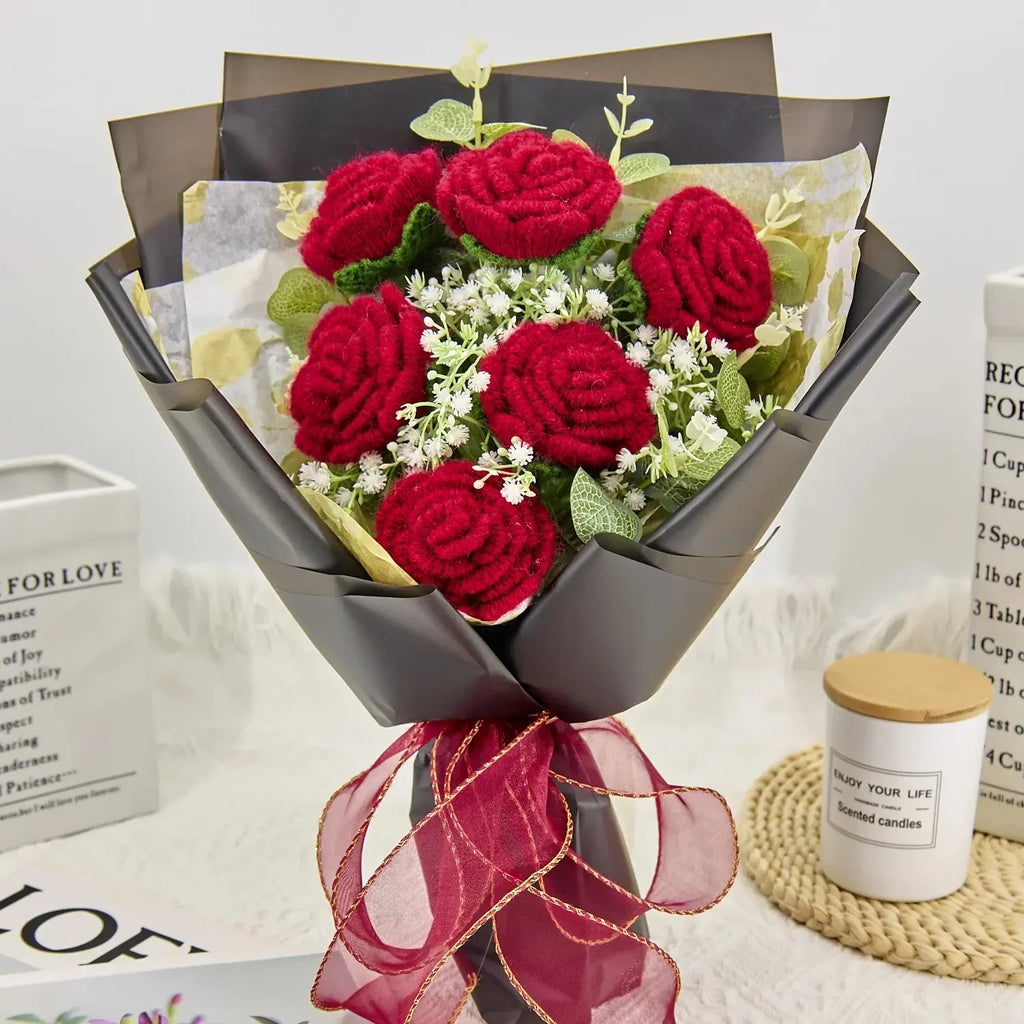 Crochet 6 Red Rose Bouquet with Black Wrapping