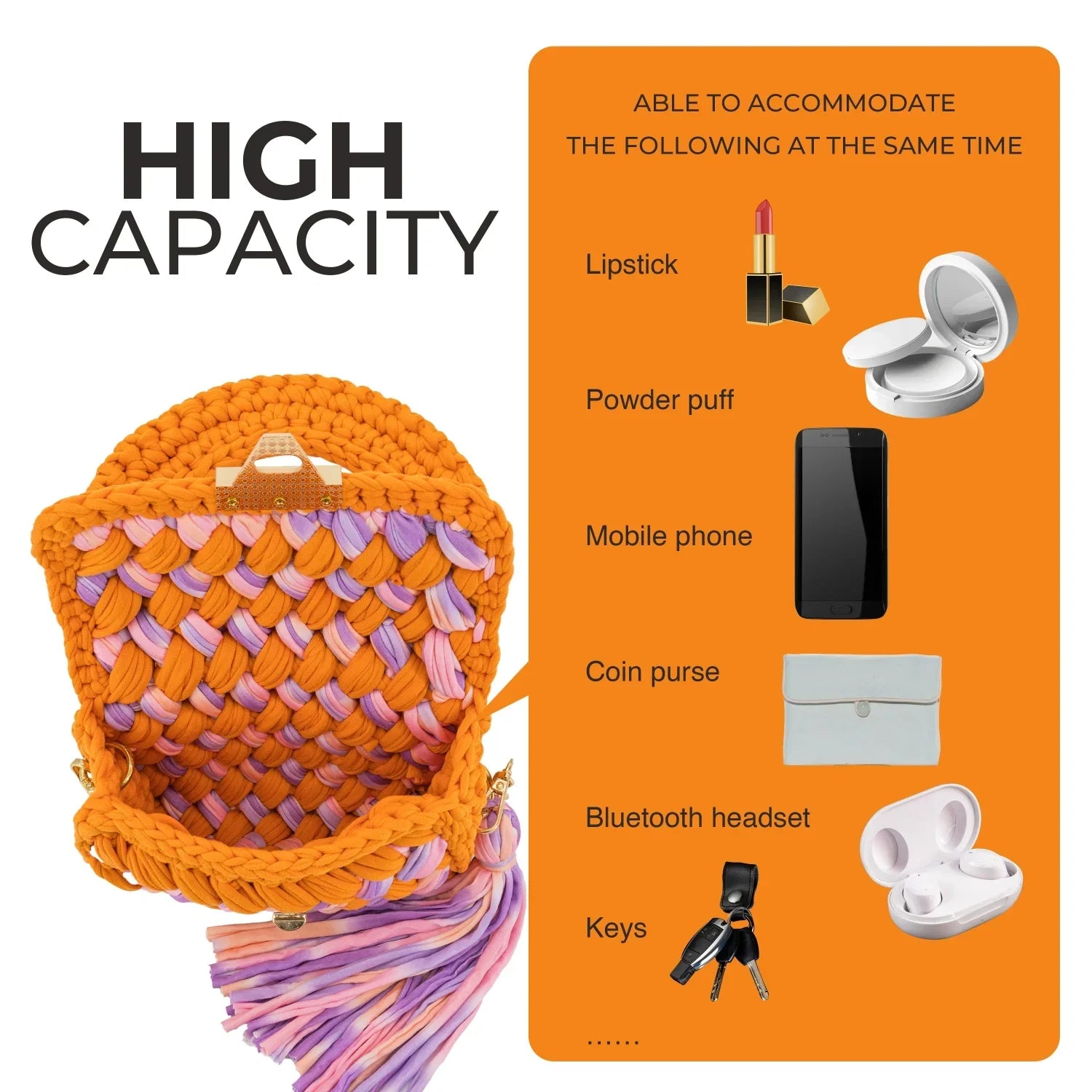 Crochet Handbag with Handle & Tassels-Orange & Pink