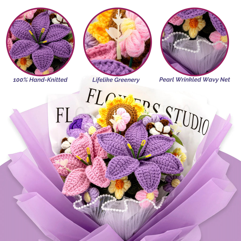 Crochet Lily Sunflower Rose Bouquet-Purple