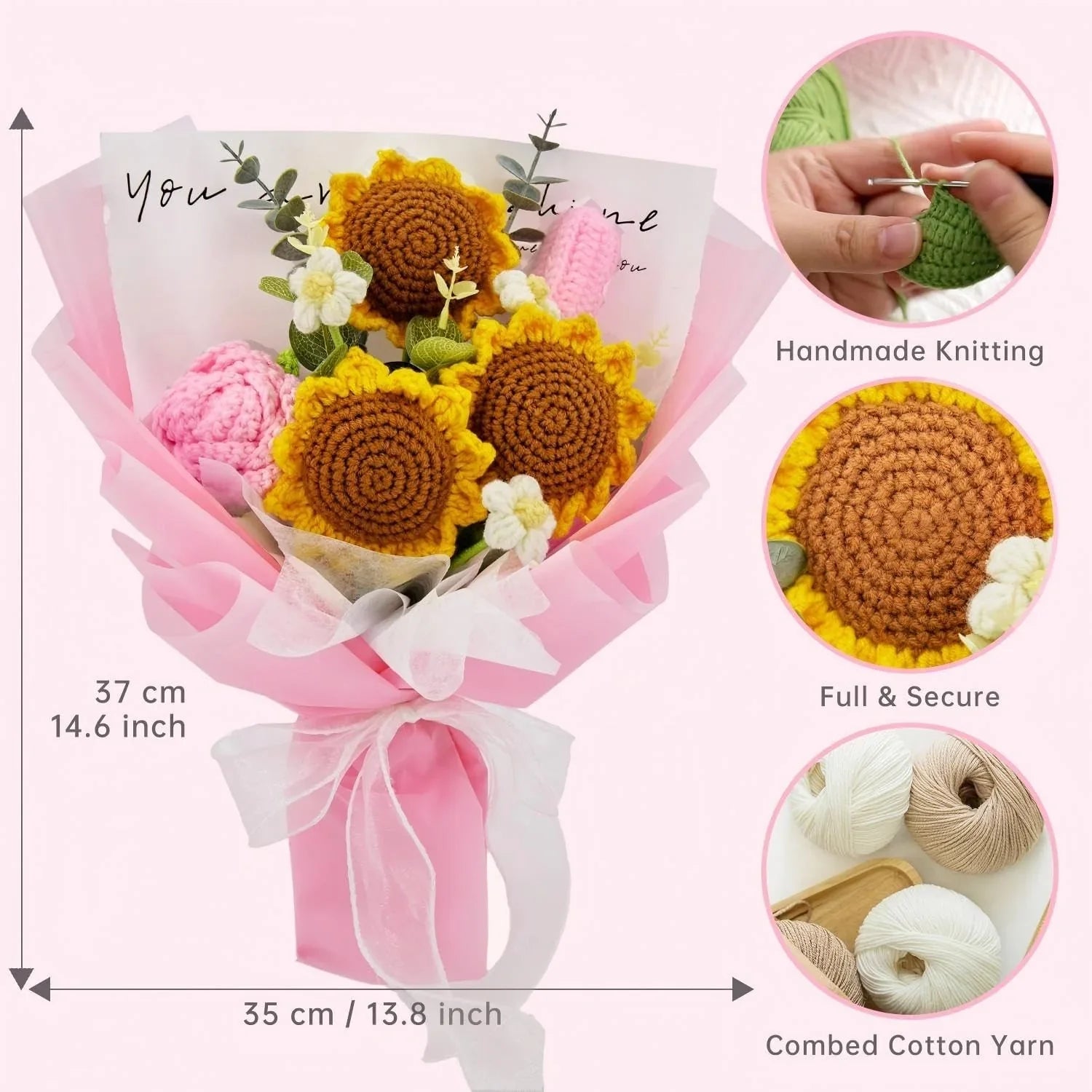 Crochet Sunflower Rose Tulip Bouquet with Pink Wrapping