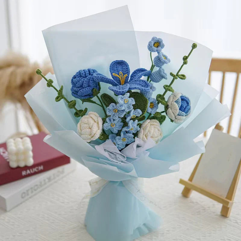 Crochet Tulip Rose Forget-Me-Not Bouquet-Blue