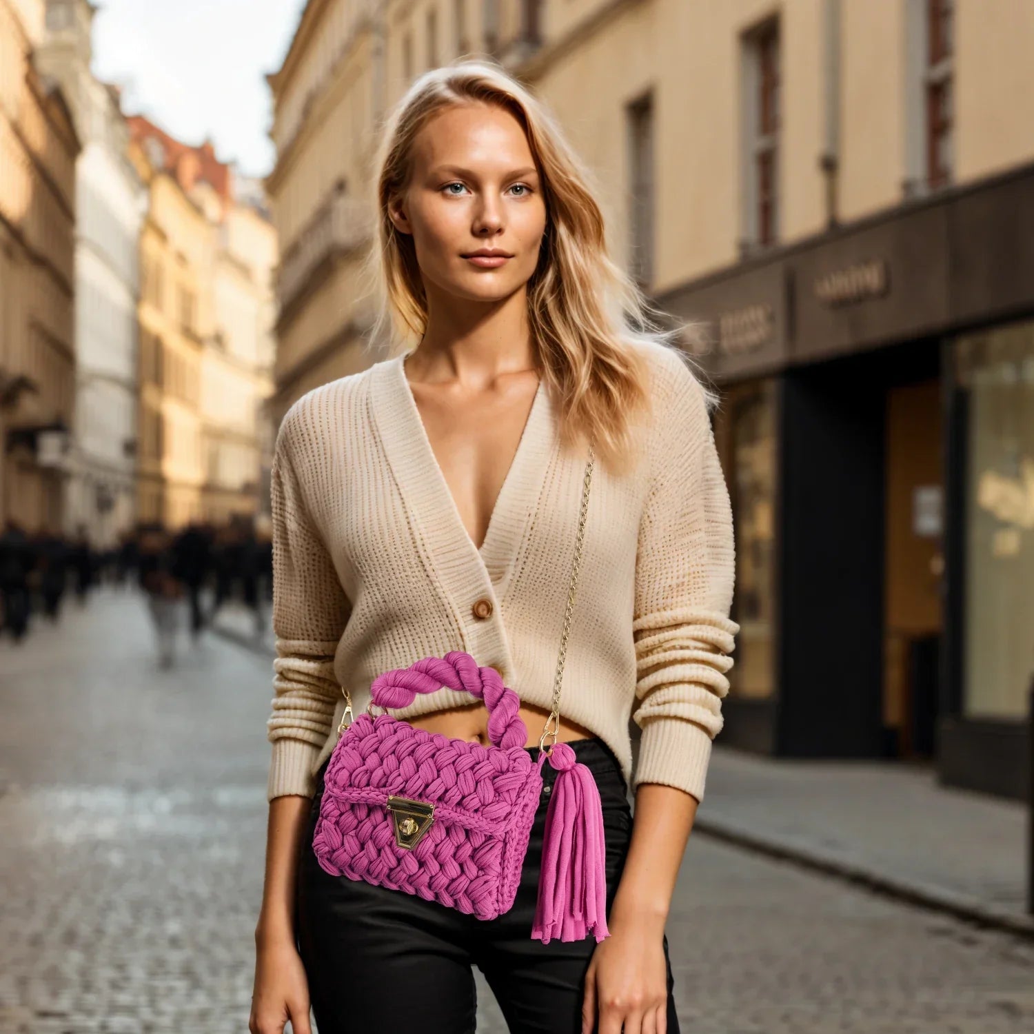 Crochet Handbag with Twist Handle-Violet
