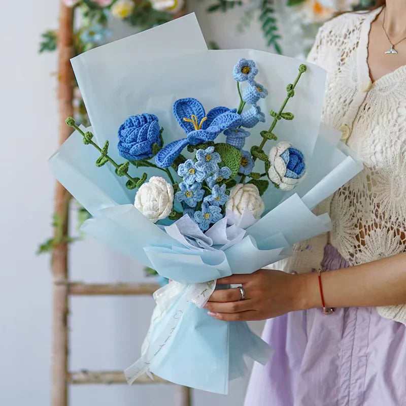 Crochet Tulip Rose Forget-Me-Not Bouquet-Blue