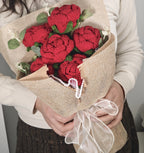 Crochet Red Rose Bouquet with Light Linen Wrapping