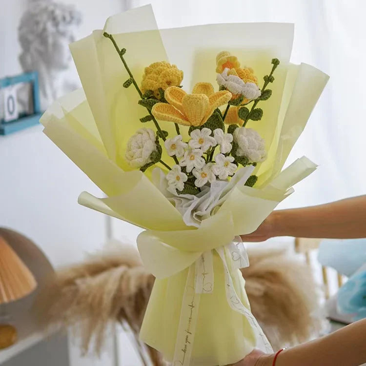 Crochet Tulip Rose Forget-Me-Not Bouquet-Yellow
