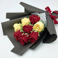 Crochet Cup-Shaped Red & Yellow Rose Bouquet with Black Wrapping