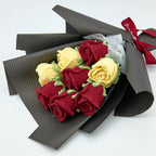 Crochet Cup-Shaped Red & Yellow Rose Bouquet with Black Wrapping