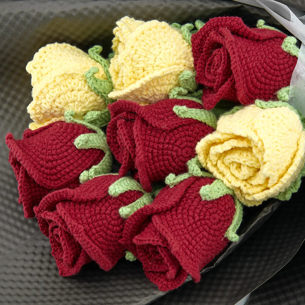 Crochet Cup-Shaped Red & Yellow Rose Bouquet with Black Wrapping