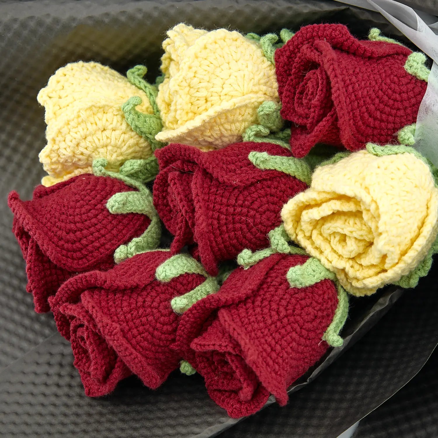 Crochet Cup-Shaped Red & Yellow Rose Bouquet with Black Wrapping