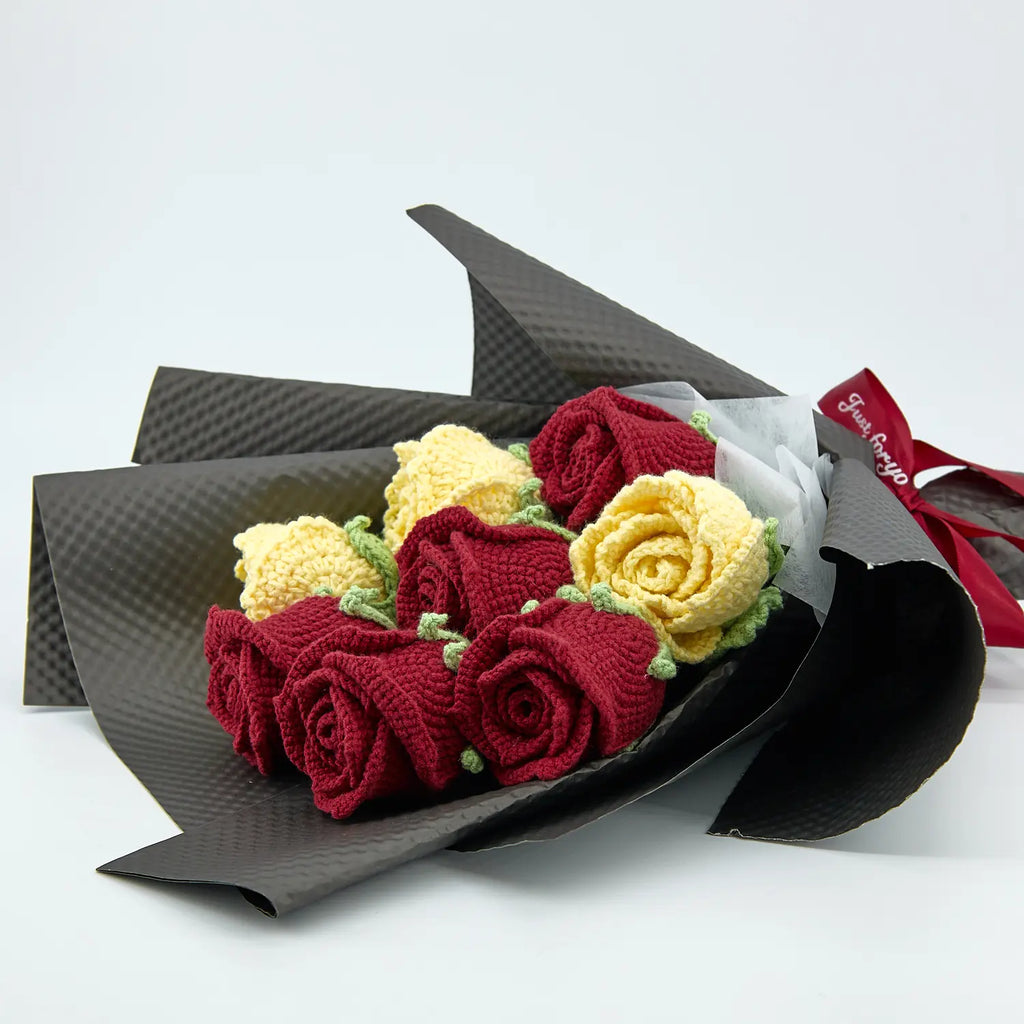 Crochet Cup-Shaped Red & Yellow Rose Bouquet with Black Wrapping