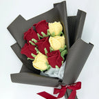 Crochet Cup-Shaped Red & Yellow Rose Bouquet with Black Wrapping
