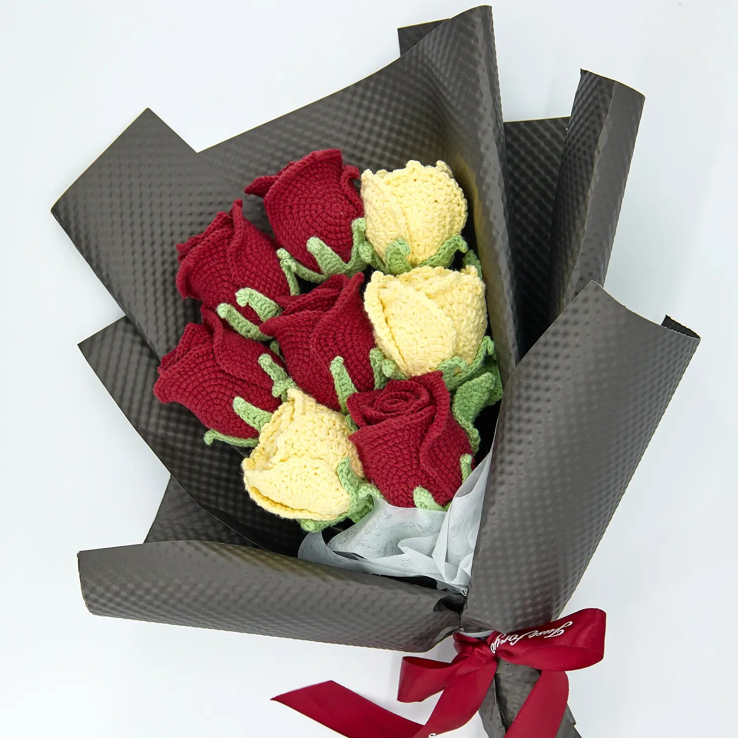Crochet Cup-Shaped Red & Yellow Rose Bouquet with Black Wrapping