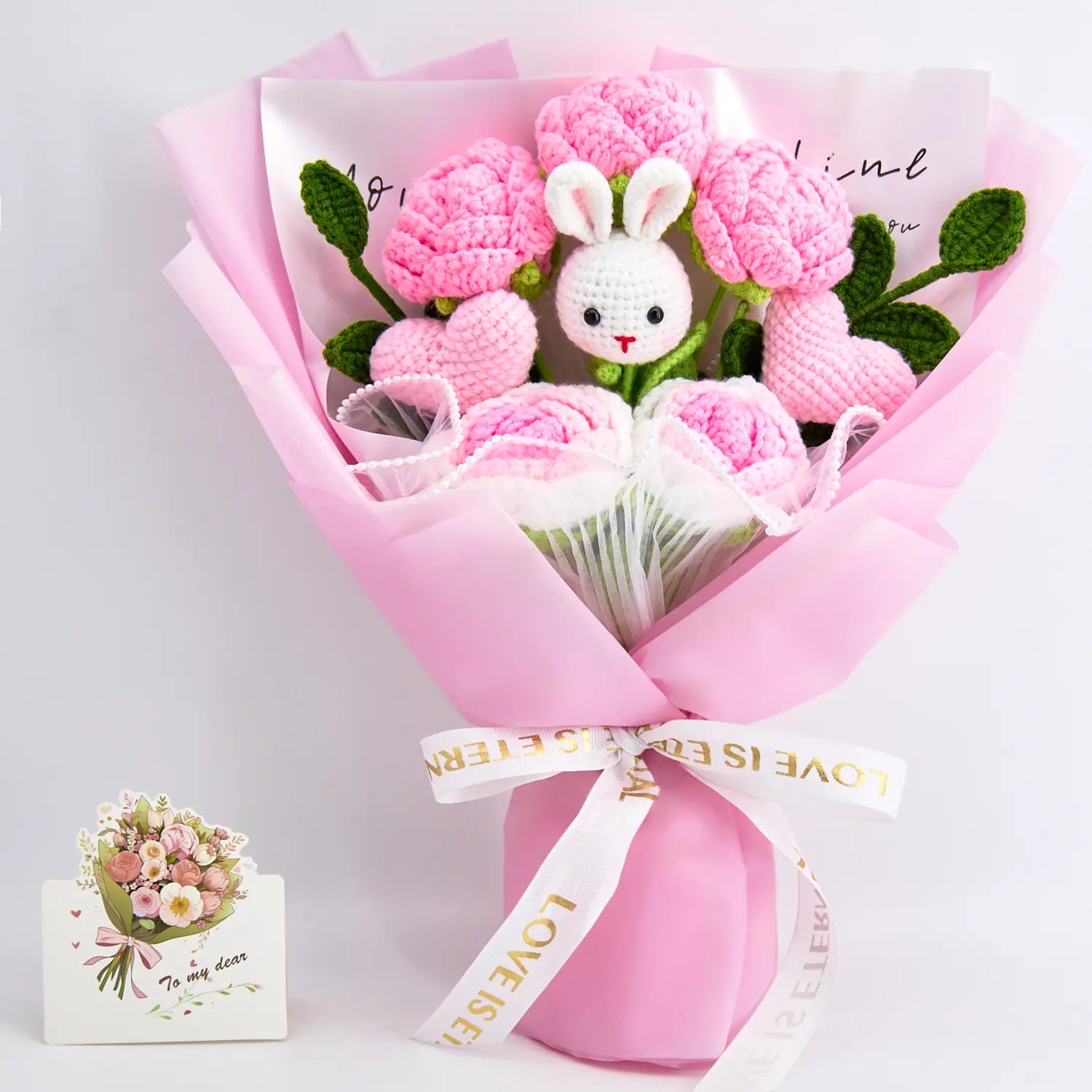 Crochet Bunny & Rose Flower Bouquet