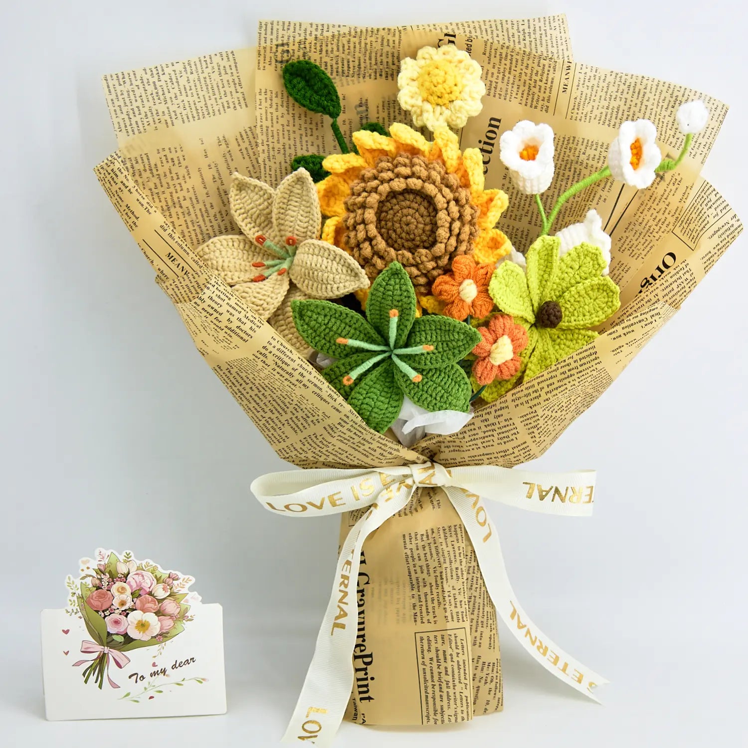 Crochet Sunflower Lily Bouquet with Newspaper Wrapping