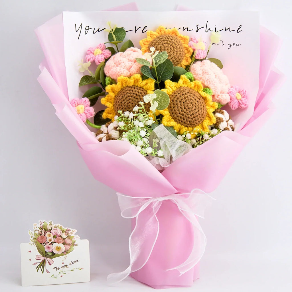 Crochet Sunflower Rose Bouquet with Pink Wrapping