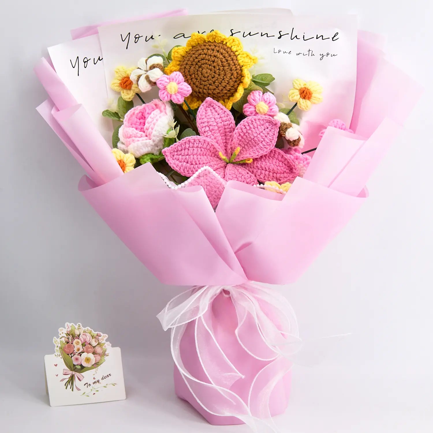 Crochet Lily Sunflower Rose Carnation Bouquet-Pink