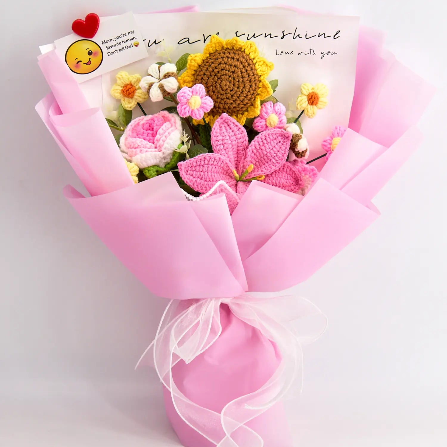 Crochet Lily Sunflower Rose Carnation Bouquet-Pink