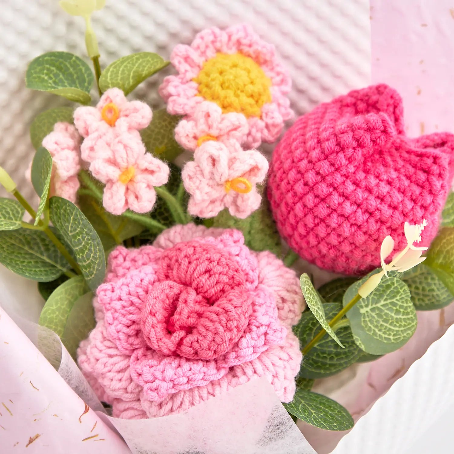 Handheld Crochet Rose Tulip Bouquet