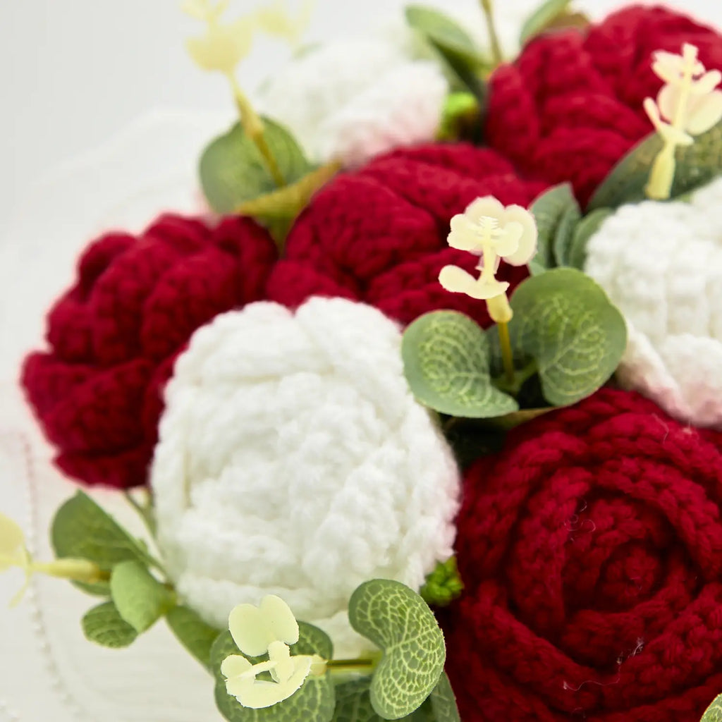 Round Crochet Red & White Rose Bouquet