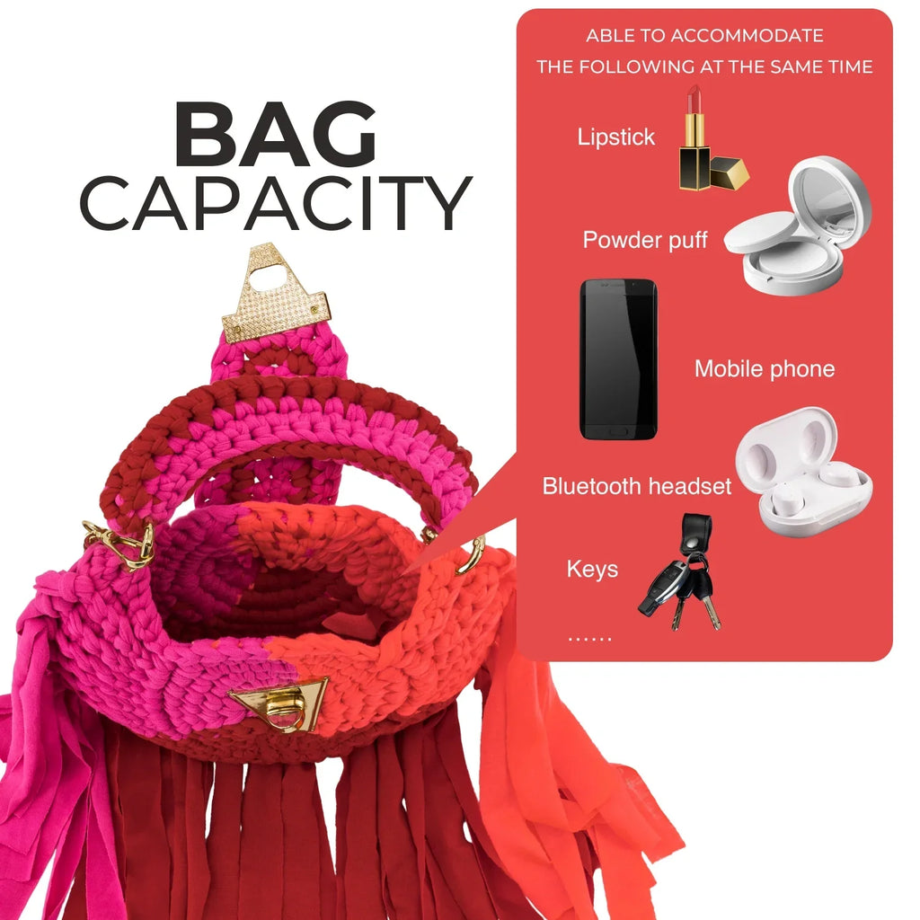 Crochet Round Handbag with Tassels-Red