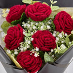 Crochet 6 Red Rose Bouquet with Black Wrapping