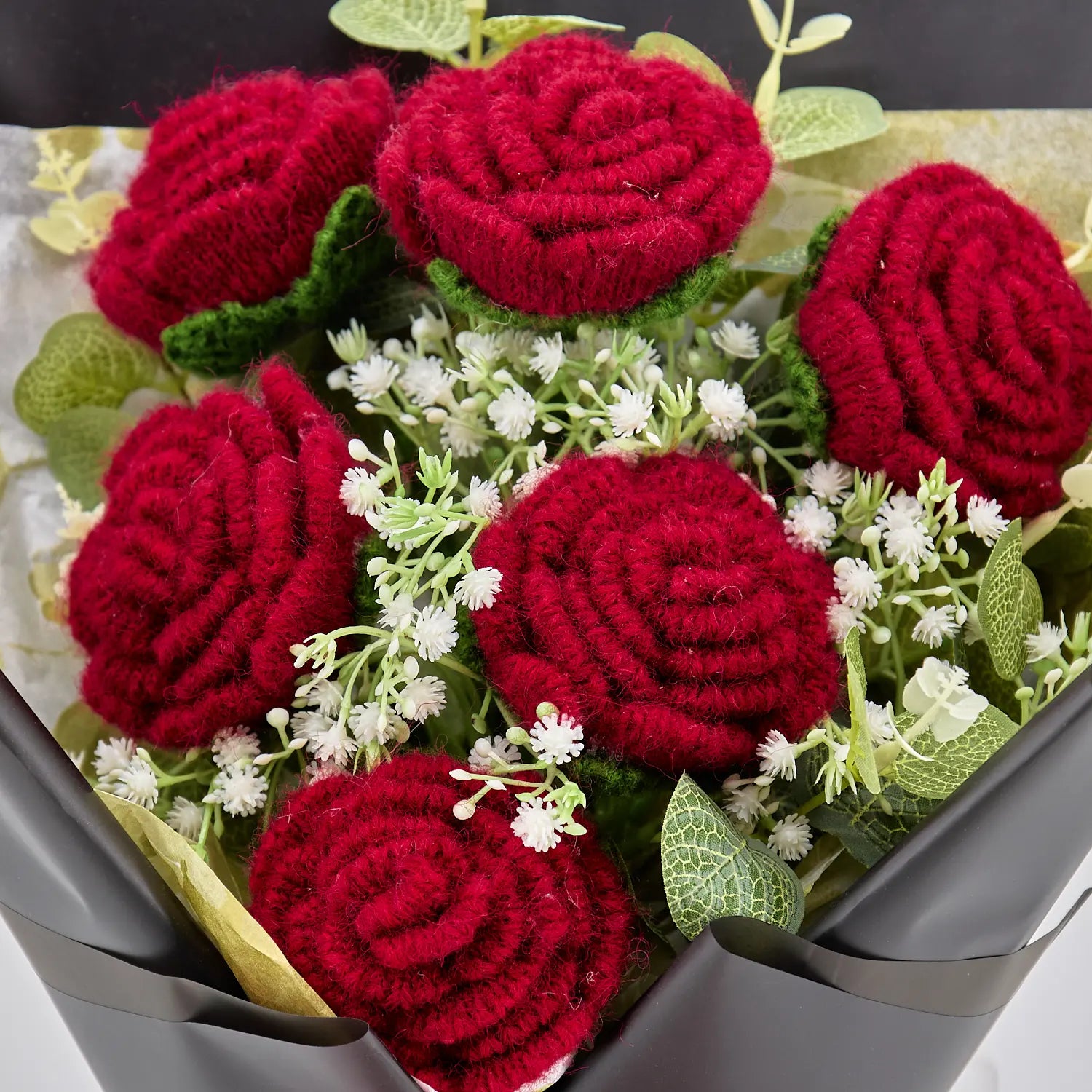 Crochet 6 Red Rose Bouquet with Black Wrapping