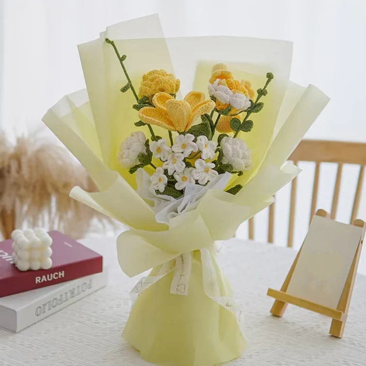 Crochet Tulip Rose Forget-Me-Not Bouquet-Yellow