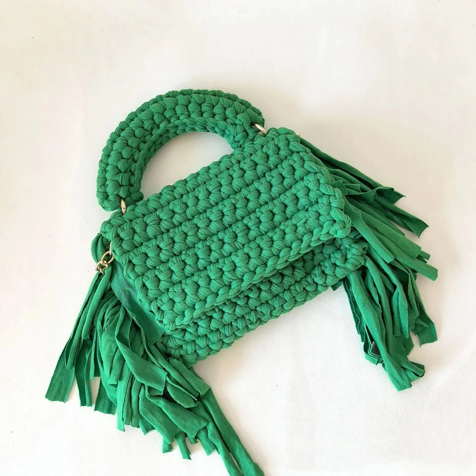 Crochet Handbag with Tassels on Two Sides-Green