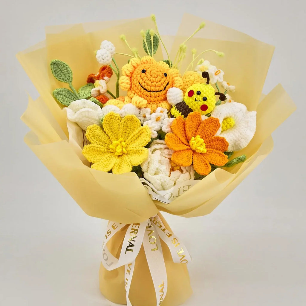 Crochet Sunflower & Bee Bouquet with Yellow Wrapping