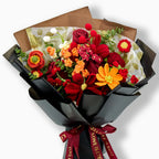 Crochet Red & Orange Bouquet with 18 Flowers in Black Wrapping