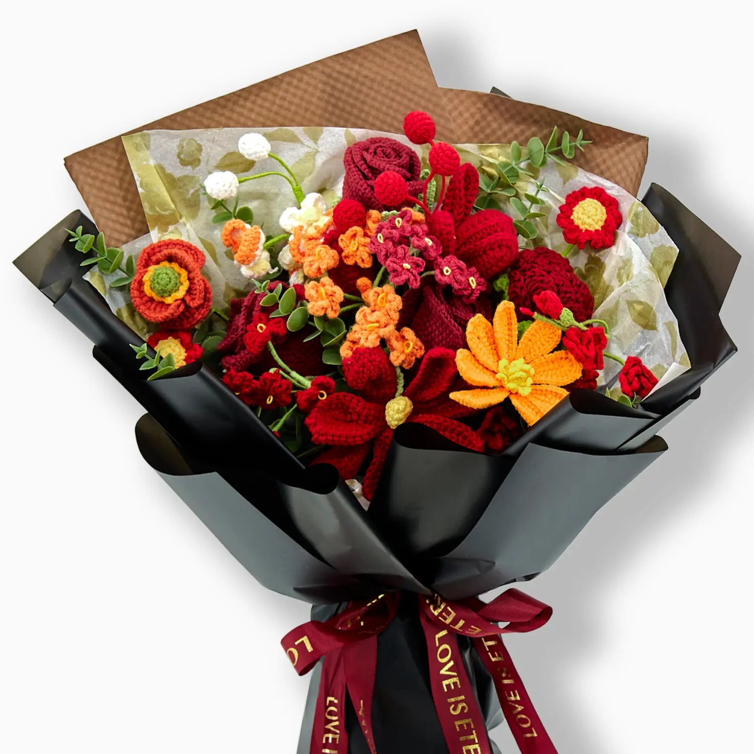 Crochet Red & Orange Bouquet with 18 Flowers in Black Wrapping