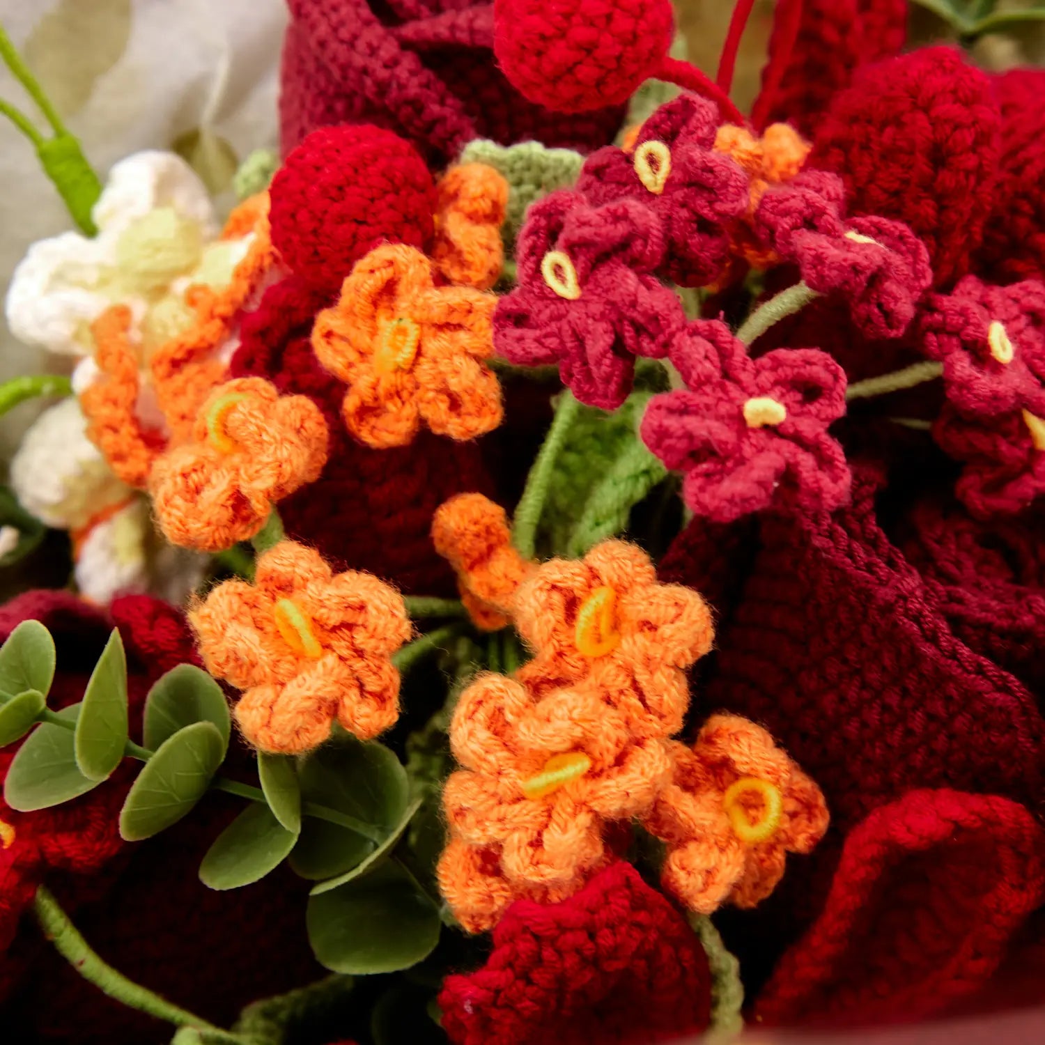 Crochet Red & Orange Bouquet with 18 Flowers in Black Wrapping