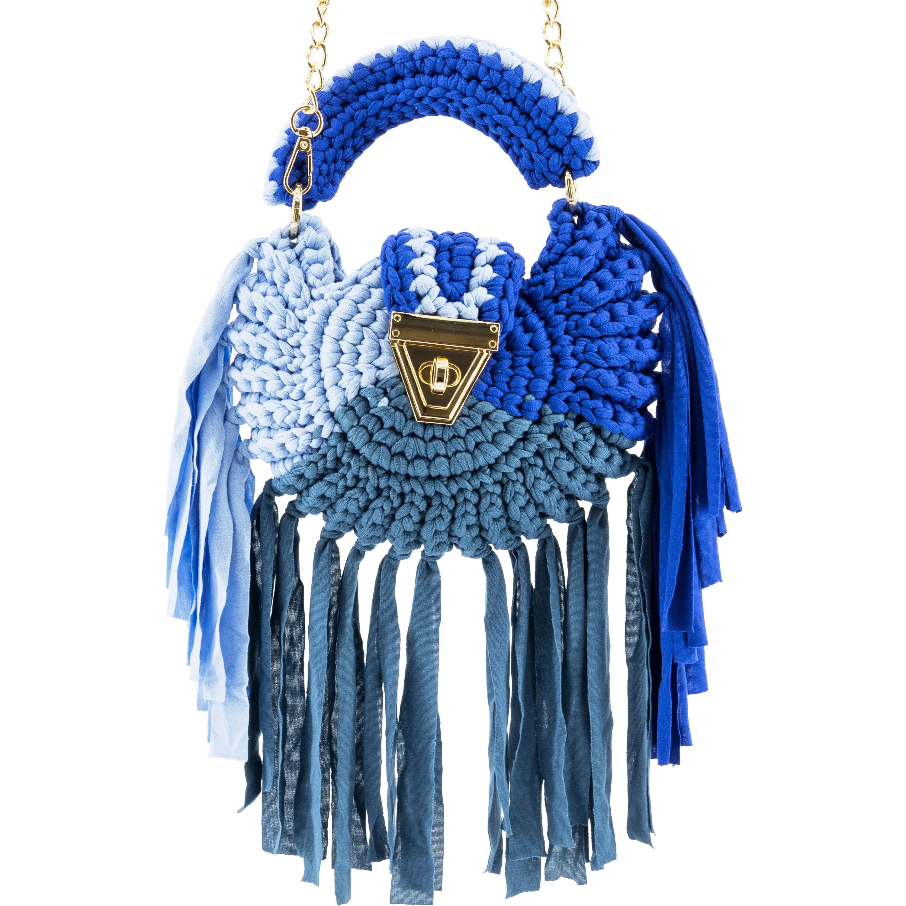 Crochet Round Handbag with Tassels-Blue