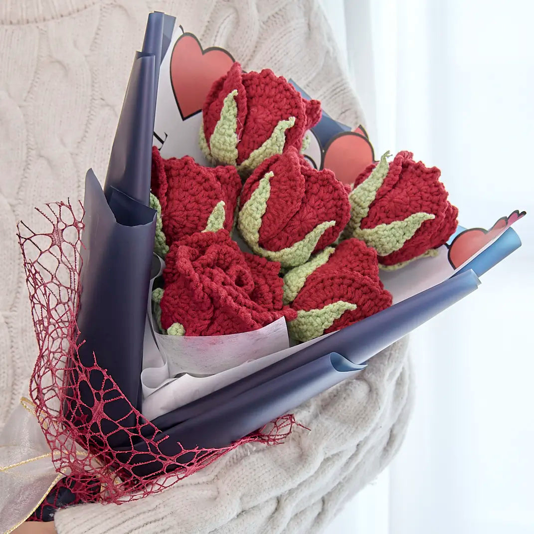 Crochet Cup-Shaped Red Rose Bouquet with Blue Wrapping