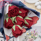 Crochet Cup-Shaped Red Rose Bouquet with Blue Wrapping