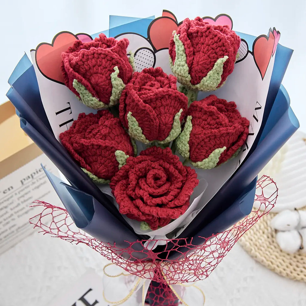 Crochet Cup-Shaped Red Rose Bouquet with Blue Wrapping