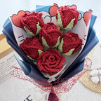 Crochet Cup-Shaped Red Rose Bouquet with Blue Wrapping