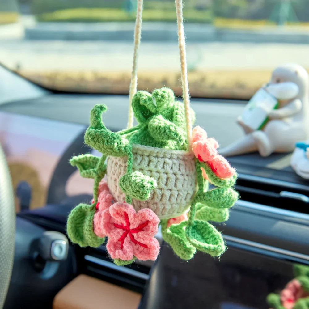 Crochet Hanging with Pink Flowers & Green Leaves