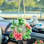 Crochet Hanging with Pink Flowers & Green Leaves