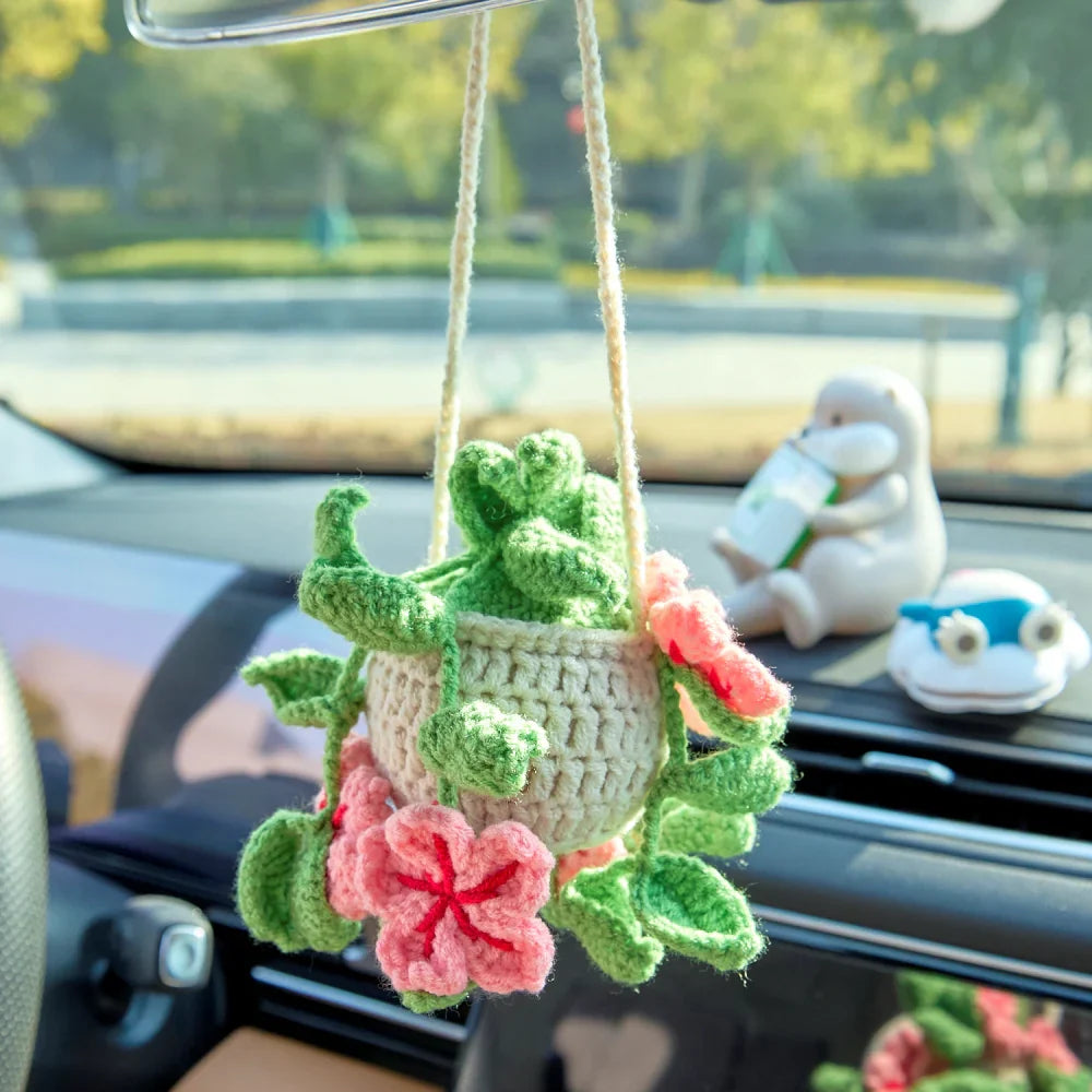 Crochet Hanging with Pink Flowers & Green Leaves
